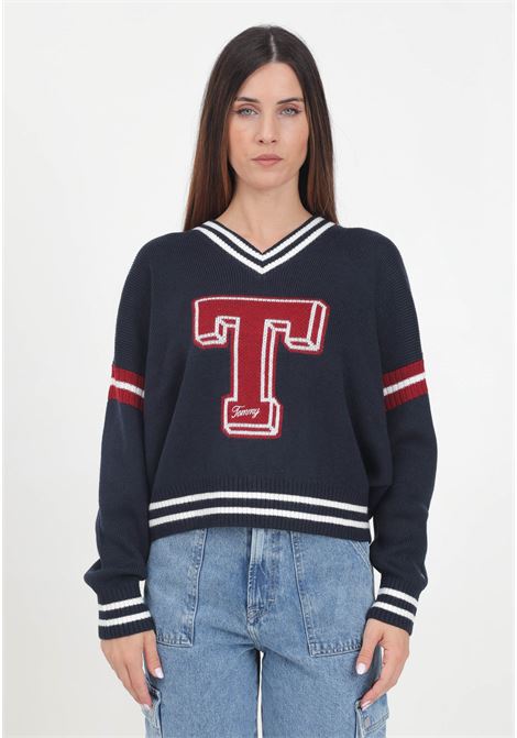 Women's blue V-neck sweater with an oversized college style cut TOMMY JEANS | DW0DW18519C1GC1G